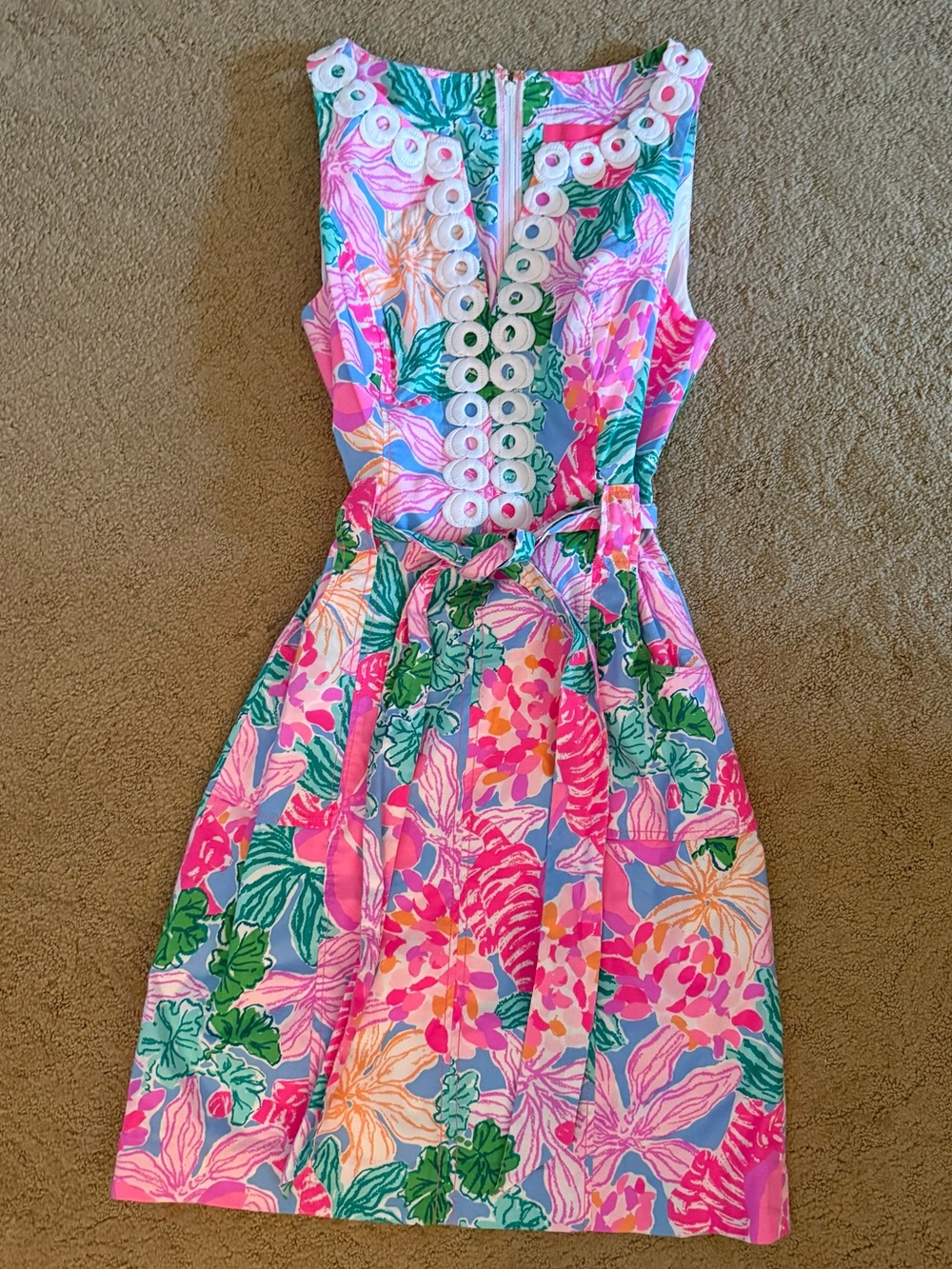 Women Floral Pink Sleeveless Cotton Dress with Decorative Trim